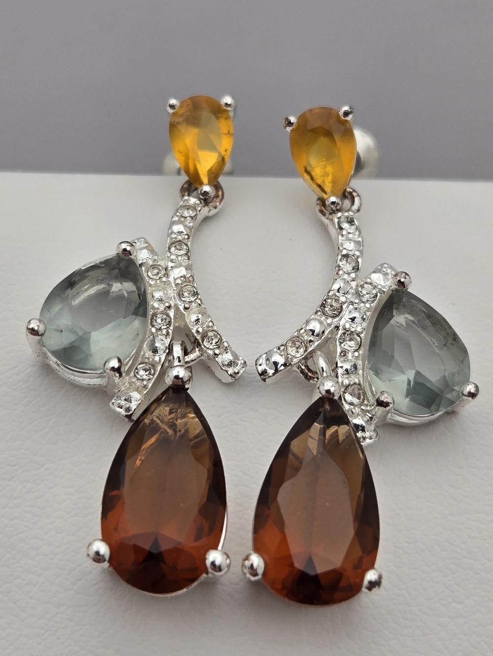 Nataliya Collister Gemstone Earrings Quartz Teardrop Pave Yellow Brown 1.25”